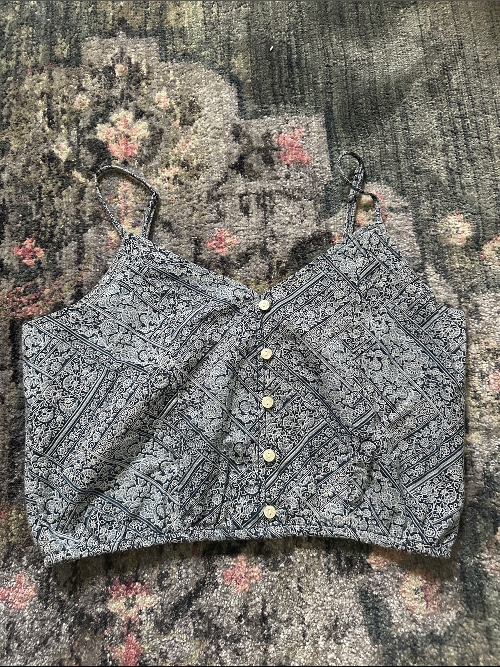 American Eagle Outfitters Blue Floral Button-Front Crop Cami Cottagecore Size Sm